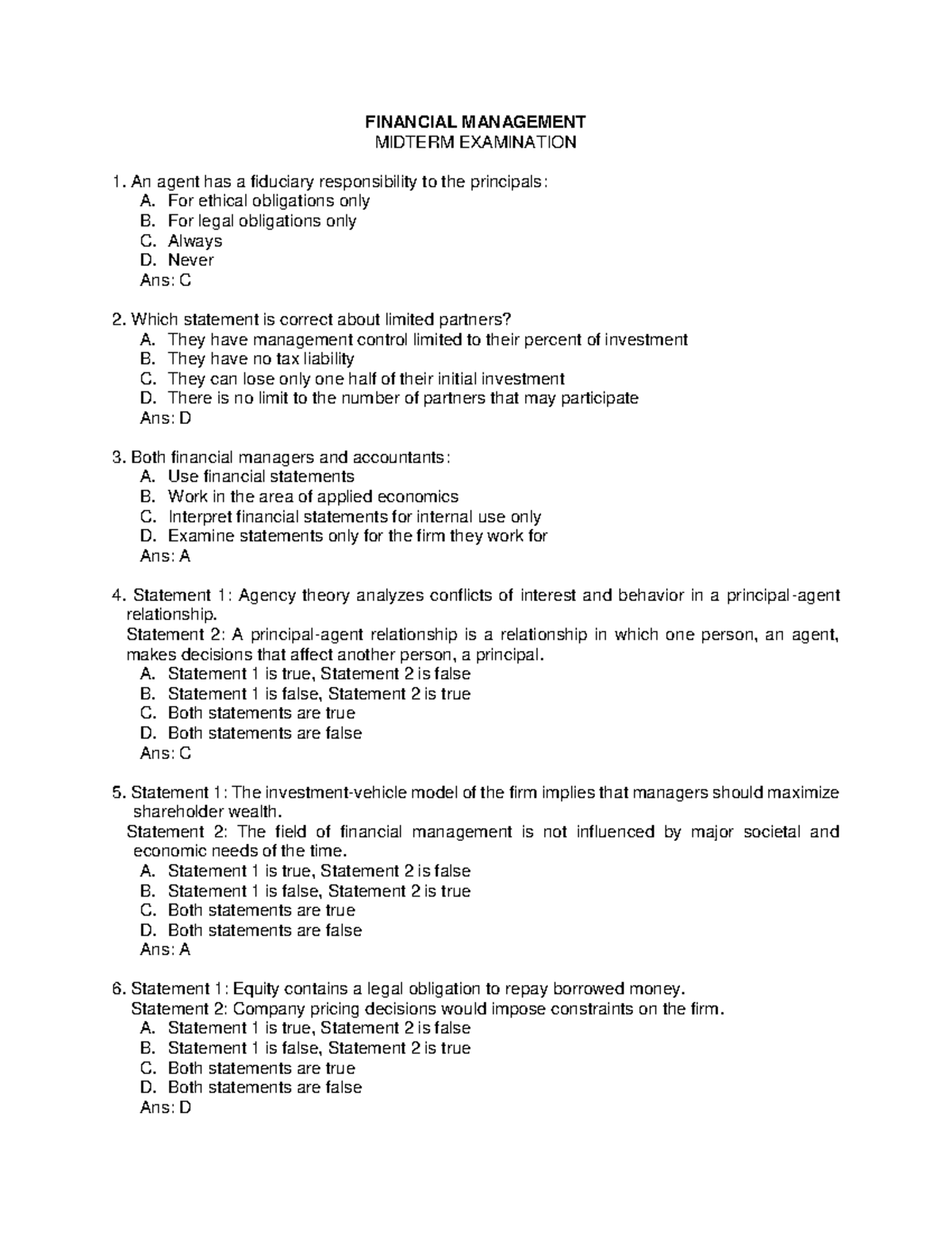 Financial Management Midterm Exam Study Notes (FIN MAN) - Studocu