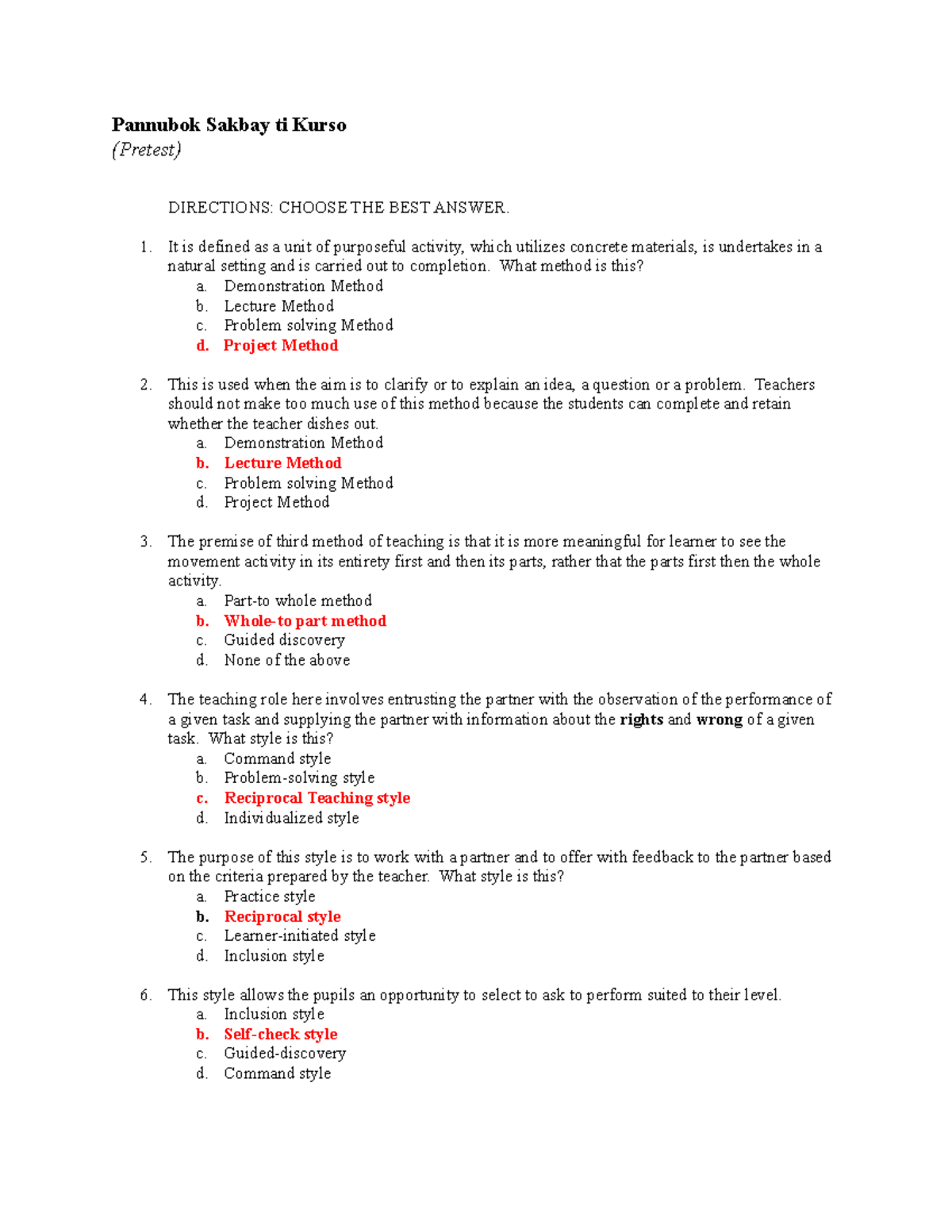 PRE TEST ON Teaching Strategies (Teaching 101) - Studocu