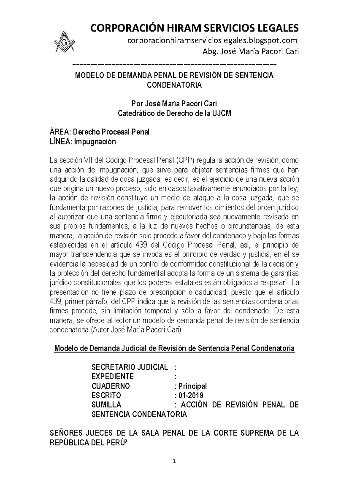 Modelo de Demanda Penal de Revisión de Sentencia Condenatoria CPP - Document Preview