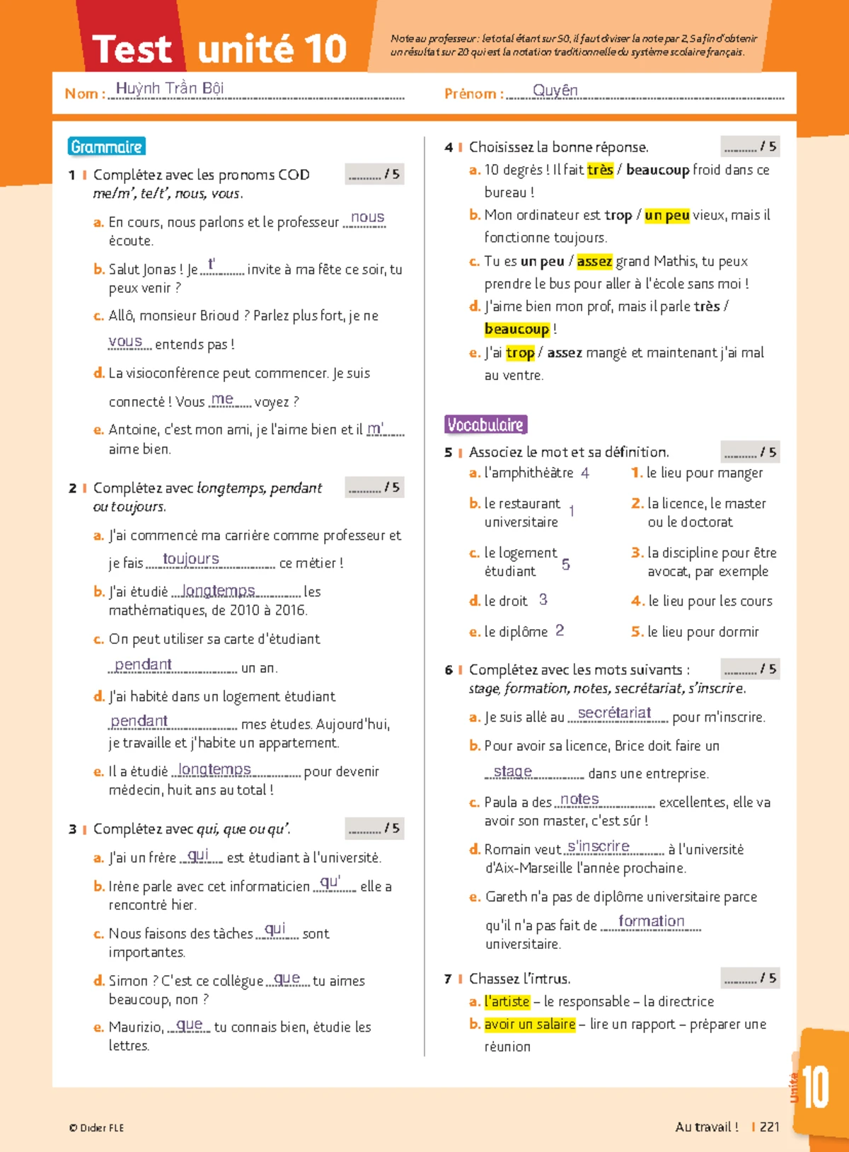 TEST Unité 9 - Notes et Exercices de Grammaire A1 - Studocu