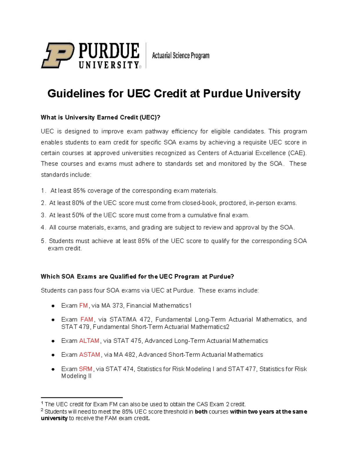 Purdue UEC Guidelines for SOA Exam Credits (2025) - Studocu