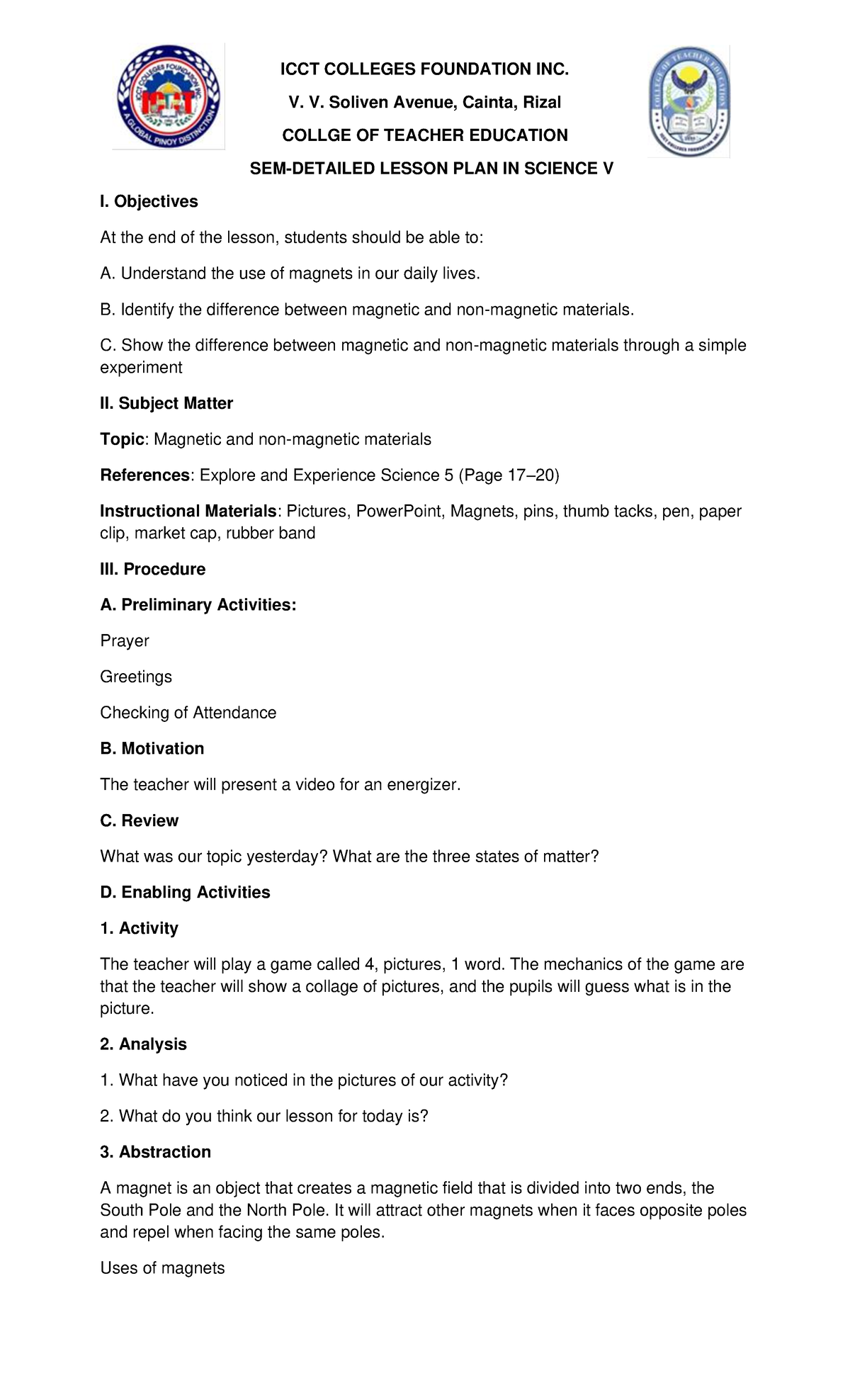 Science - 4 A's Lesson plan - ICCT COLLEGES FOUNDATION INC. V. V ...