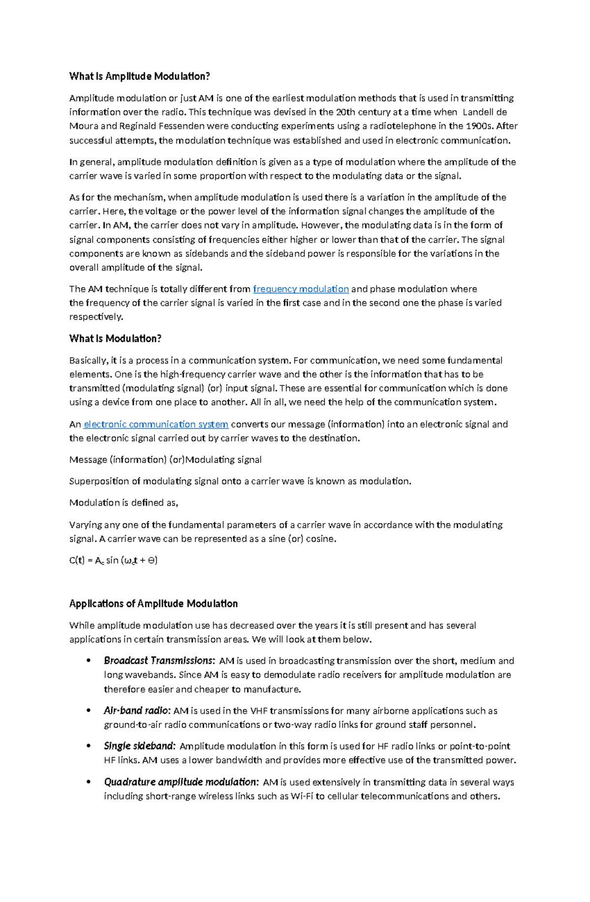 Application of AM Modulation - Lecture Notes - Studocu