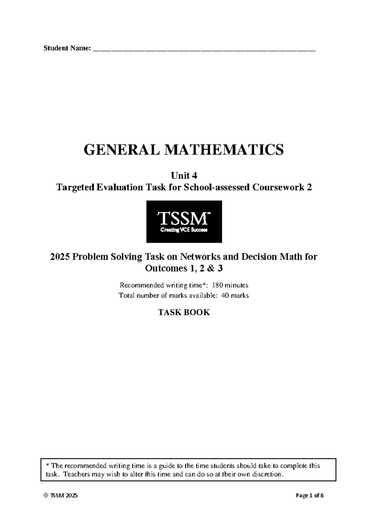 General Mathematics 2025 Unit 4 TET 2 - Networks Problem Solving Task ...