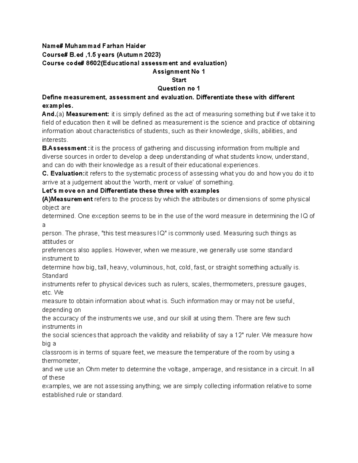 Educational Assessment and Evaluation Assignment 1 (8602) - Studocu