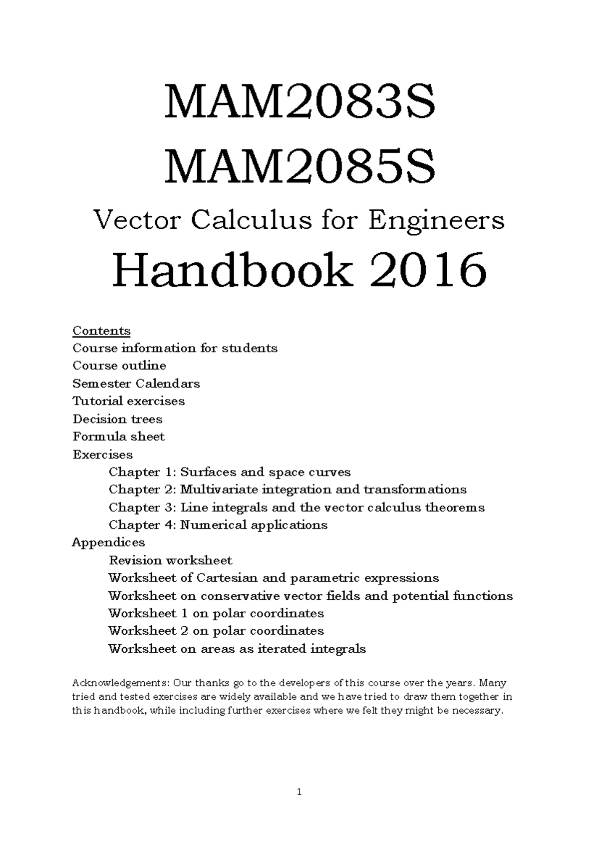 Handbook for MAM2083S & MAM2085S: Vector Calculus for Engineers 2016 ...