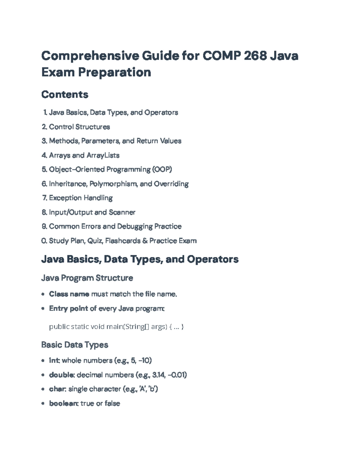 COMP 268 Java Exam Prep: Control Structures Cheat Sheet & MCQs - Studocu