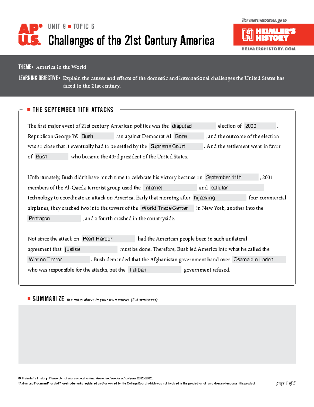 APUSH Unit 9 Topic 6: 21st Century Challenges in America - Noteguide ...
