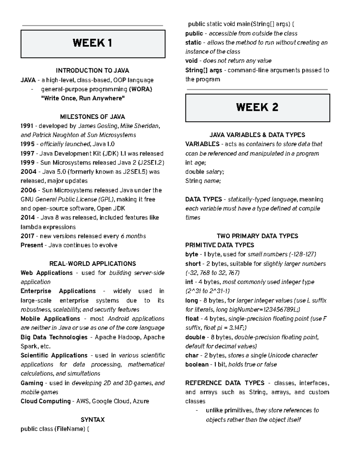 WEEK 1-6 JAVA PROGRAMMING OVERVIEW - 2nd Term Finals Ccprgg 2L - Studocu