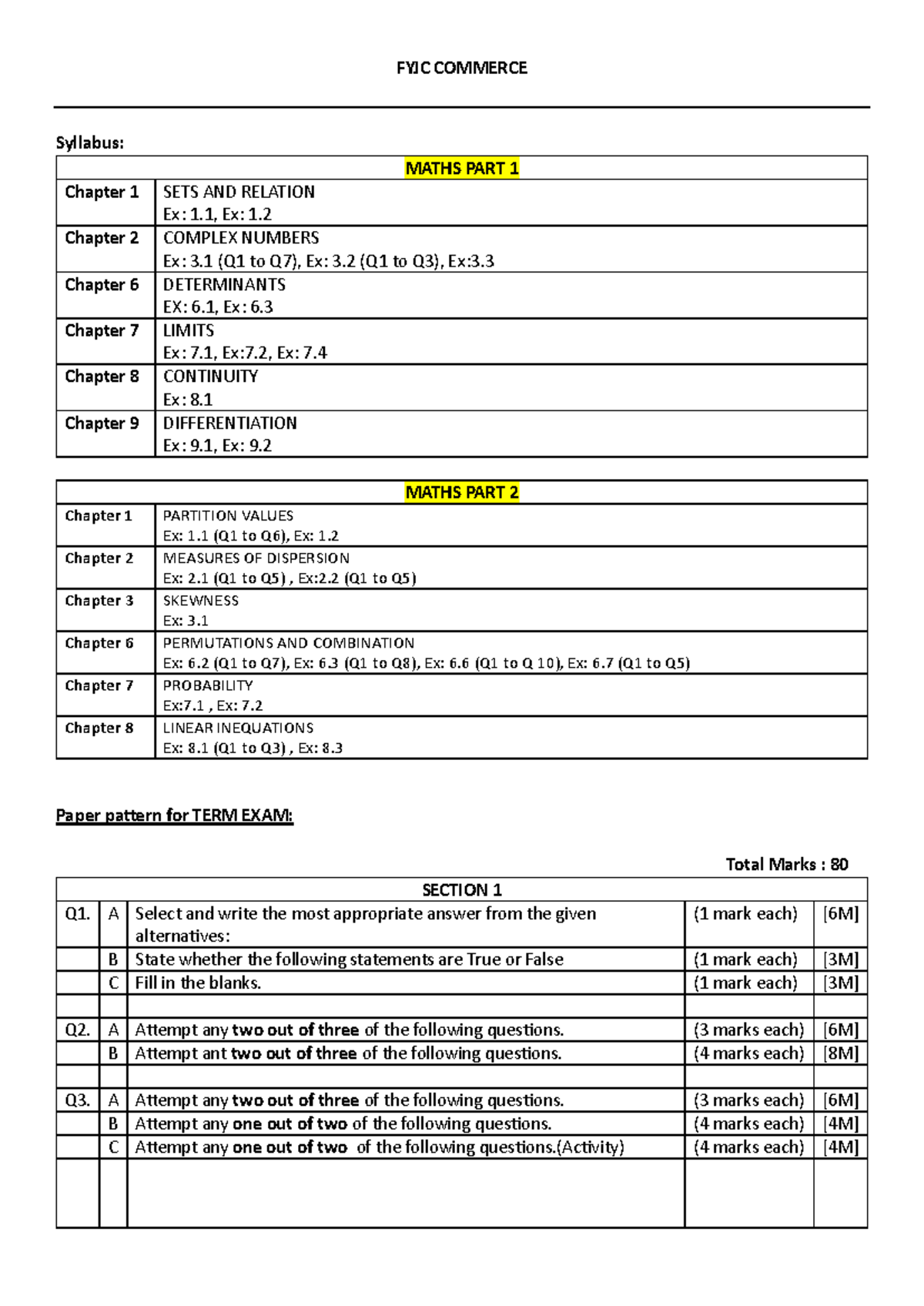 FYJC COMMERCE Mathematics Syllabus Overview and Exam Pattern - Studocu