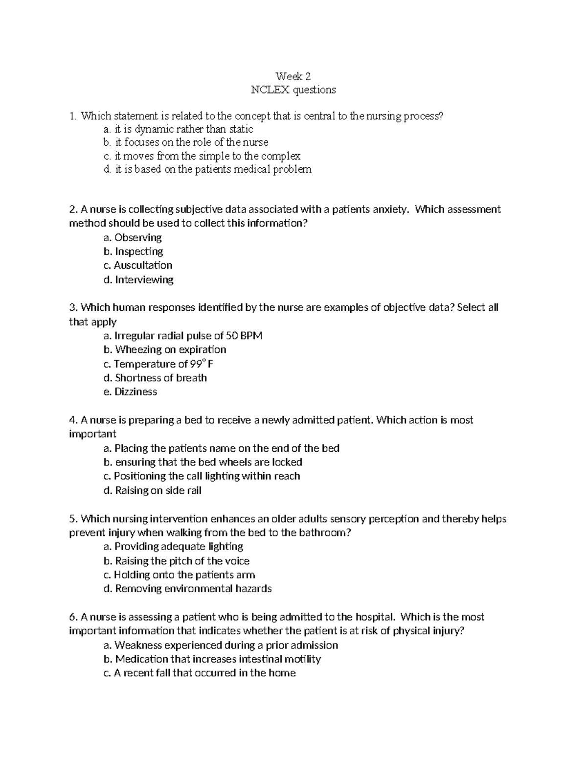 NCLEX Questions Week 2: Key Concepts and Nursing Interventions - Studocu