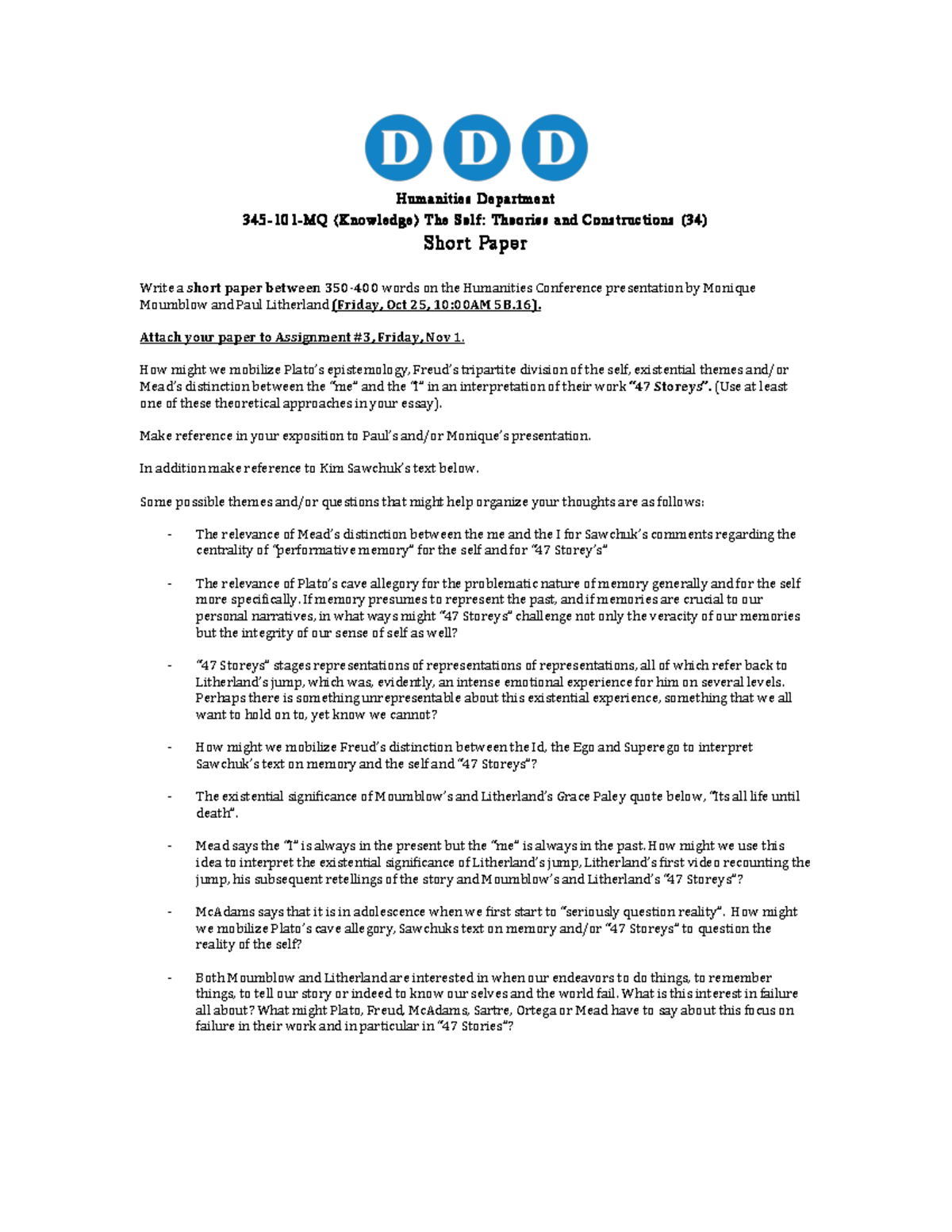 Hum Con Essay Assignment - Humanities Department 345 - 101 - MQ ...