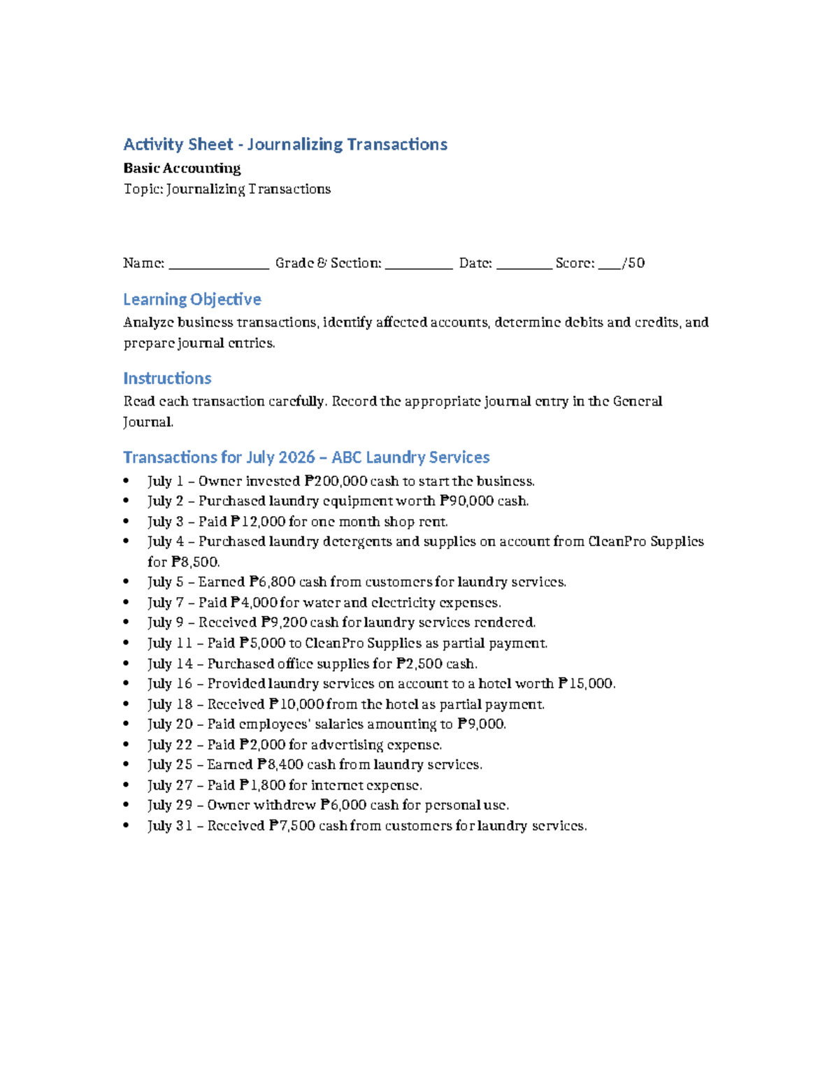 Activity Sheet: Journalizing Transactions for Basic Accounting - Studocu