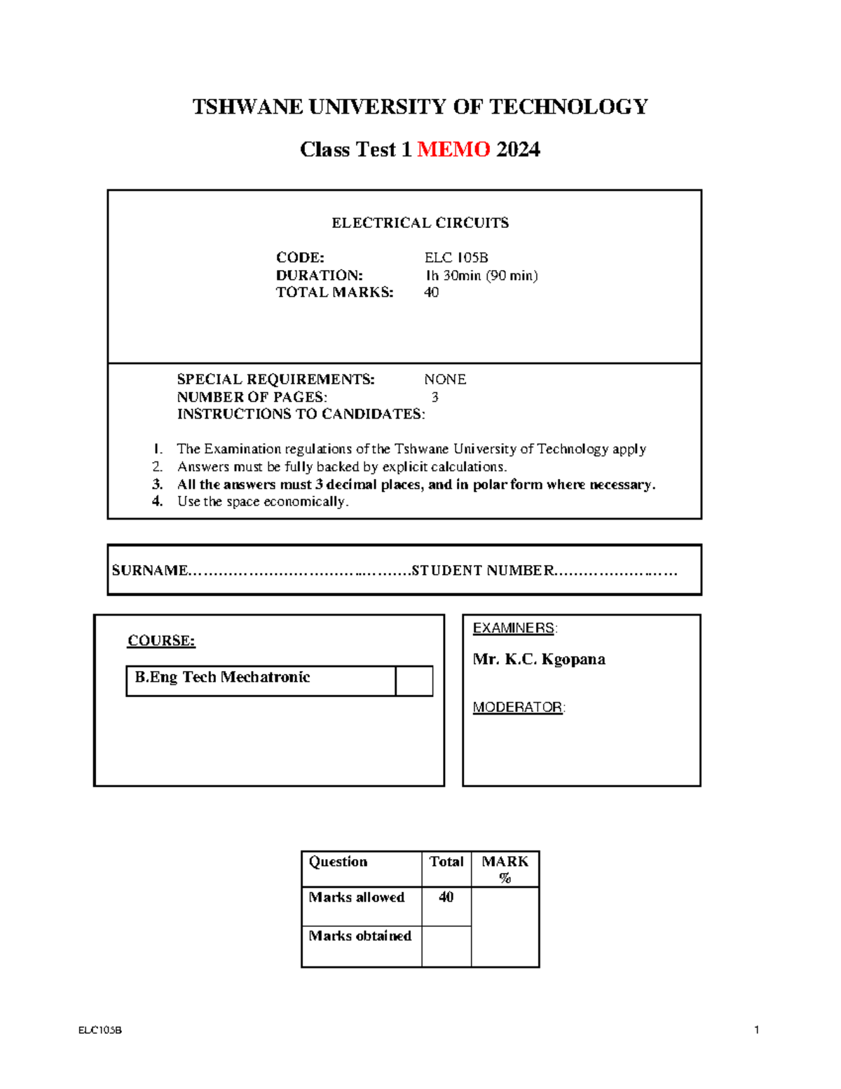 Class Test 1 Memo 2024: ELC 105B Electrical Circuits Solutions - Studocu