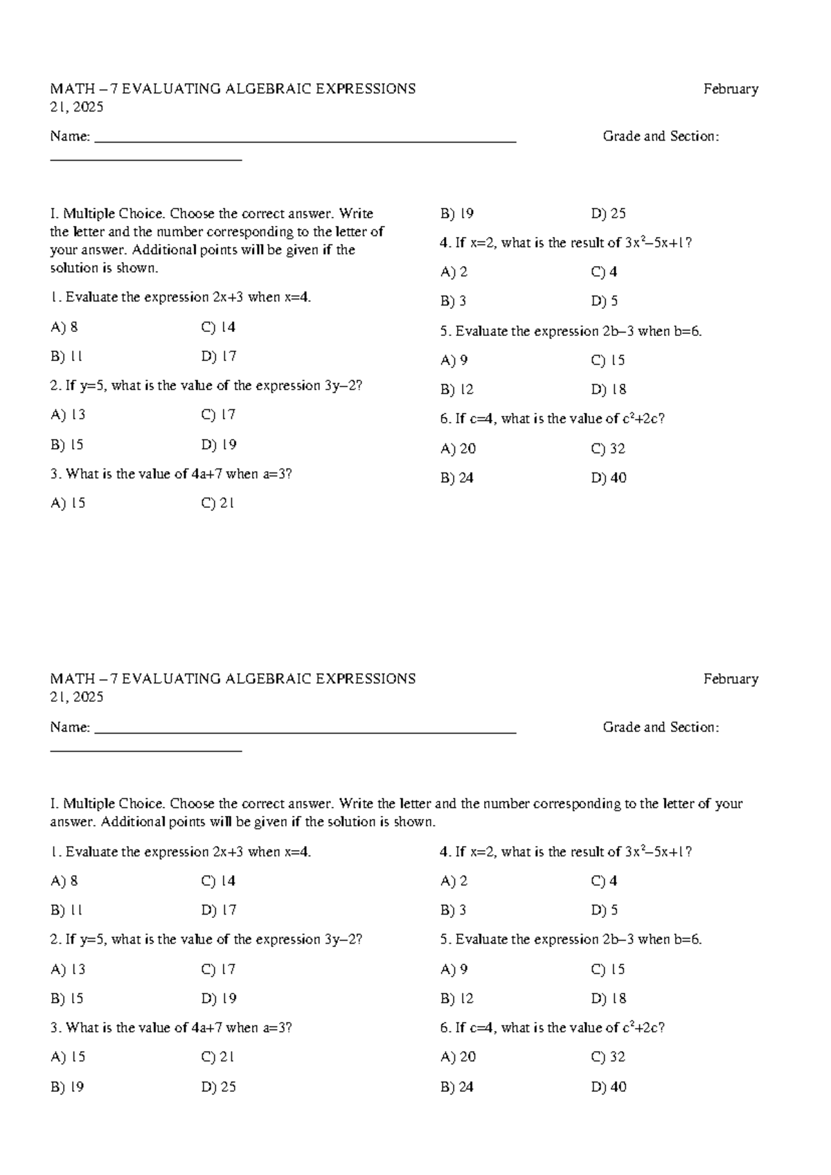 MATH 7 EVALUATING ALGEBRAIC EXPRESSIONS (Weekly Test) - Studocu