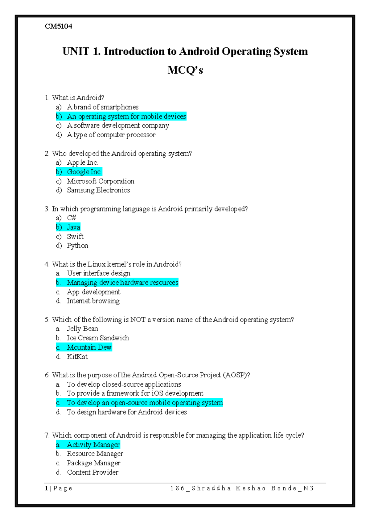AAP U1 MCQ's 186 N3 - Android programming - UNIT 1. Introduction to ...