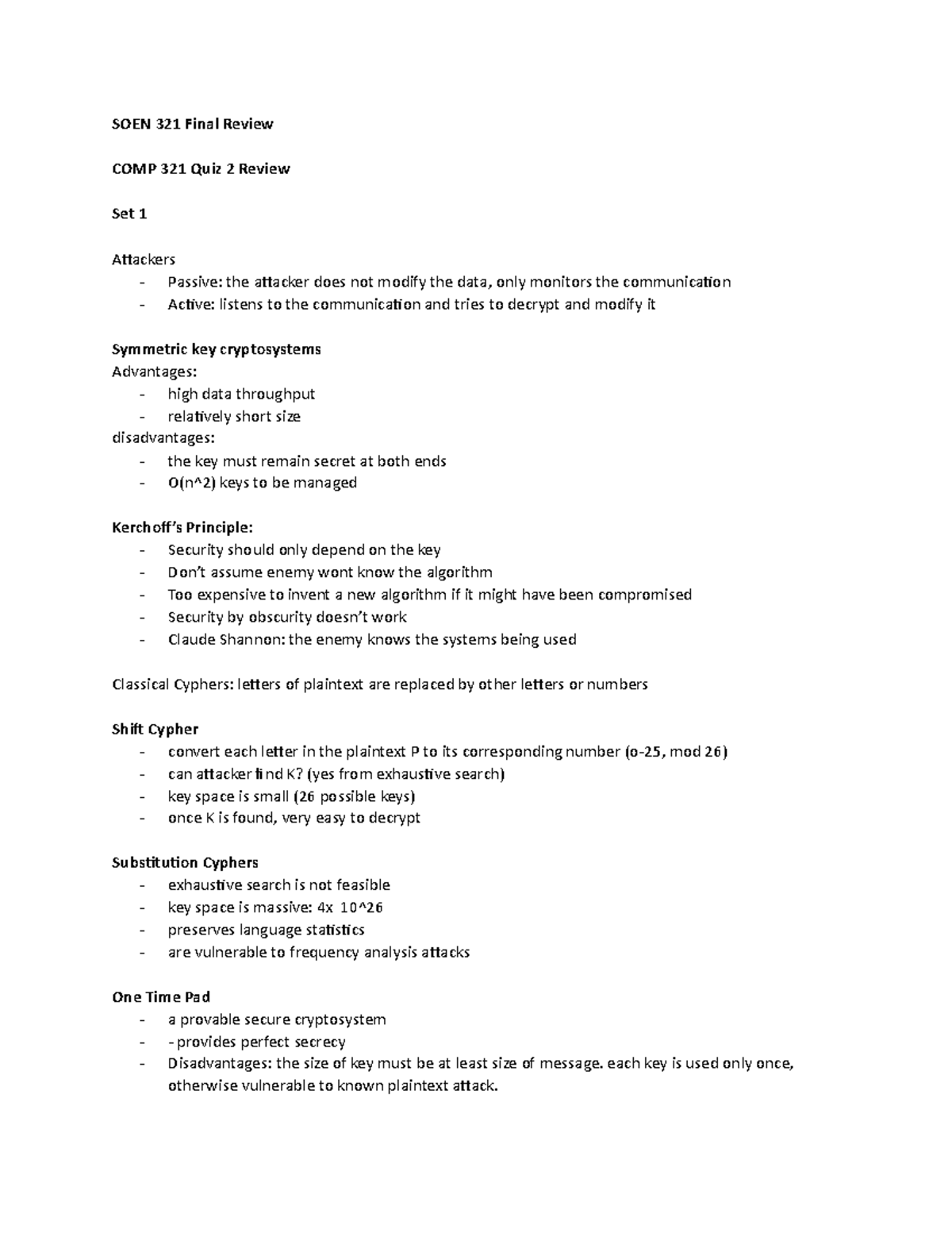 SOEN 321 Final Review: Key Concepts in Cryptography and Security - Studocu
