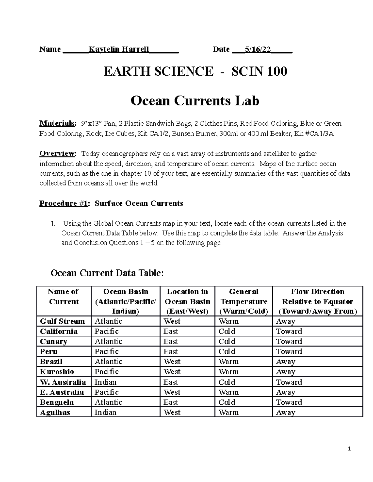 Ocean Currents Lab - SCIN 100: Exploring Surface & Deep Currents - Studocu