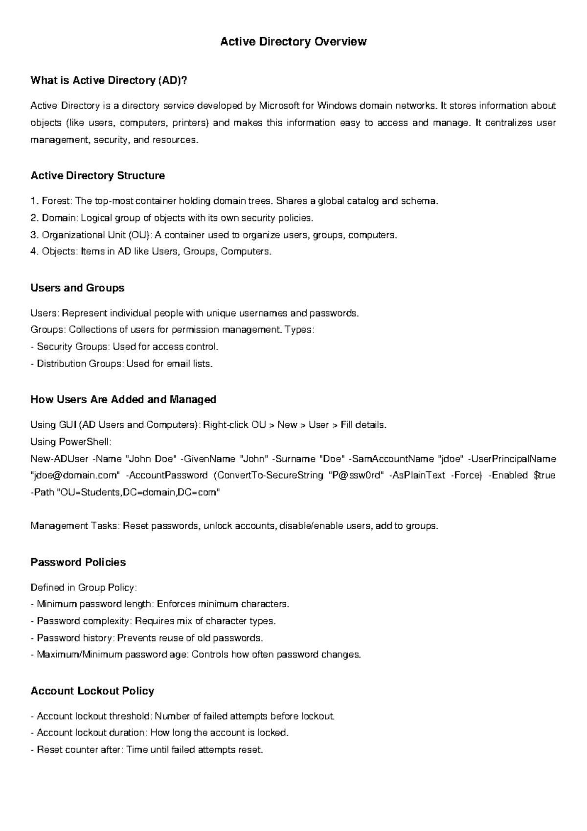 Active Directory Overview: Key Concepts and Management Notes - Studocu