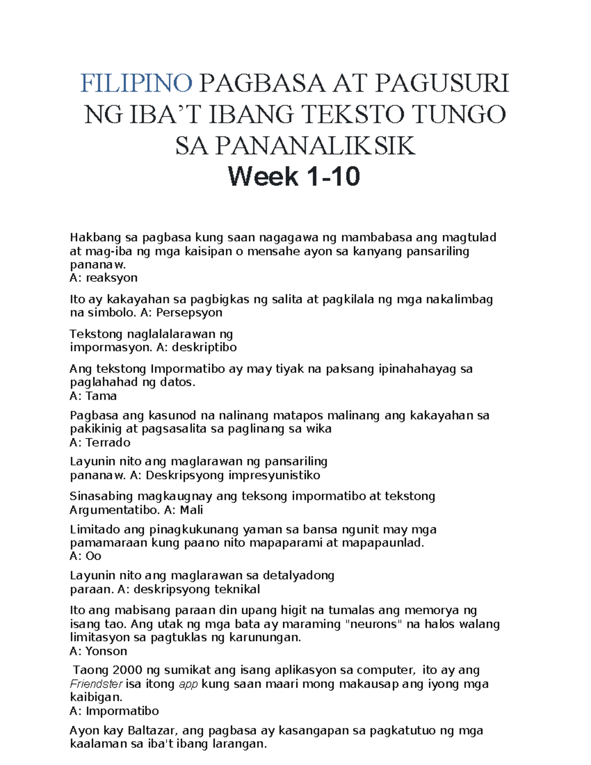 FILI 101: Pagbasa at Pagsuri ng Teksto (Weeks 1-10) - Studocu