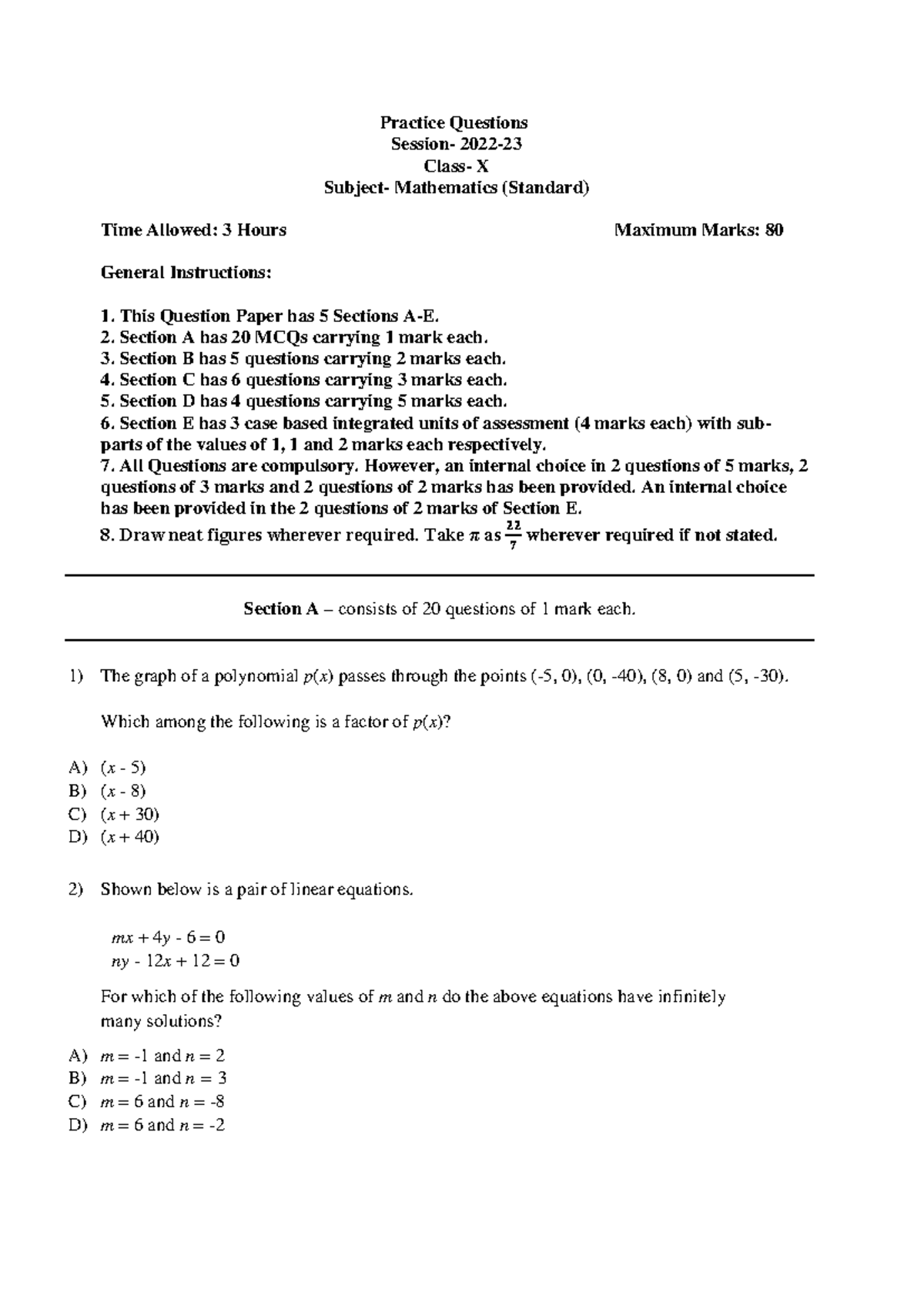 Mathematics Practice Questions (Standard) - X - Studocu