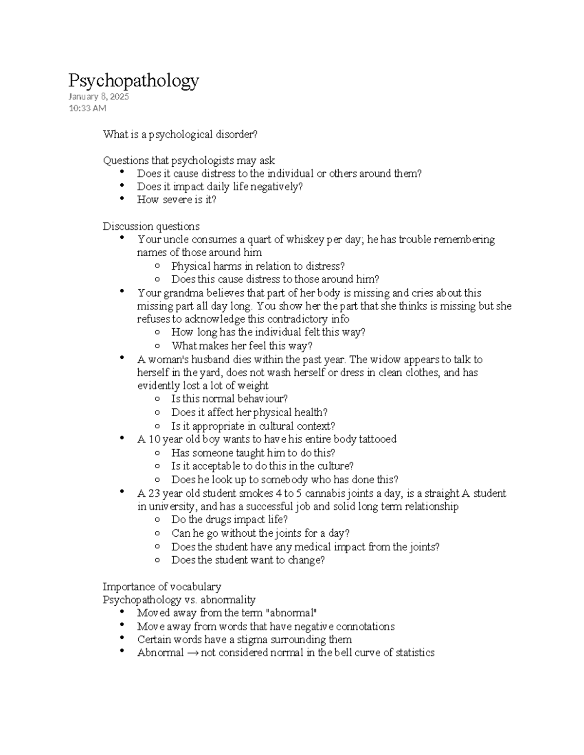 Psychopathology - Week 1 Lecture Notes Overview - Studocu