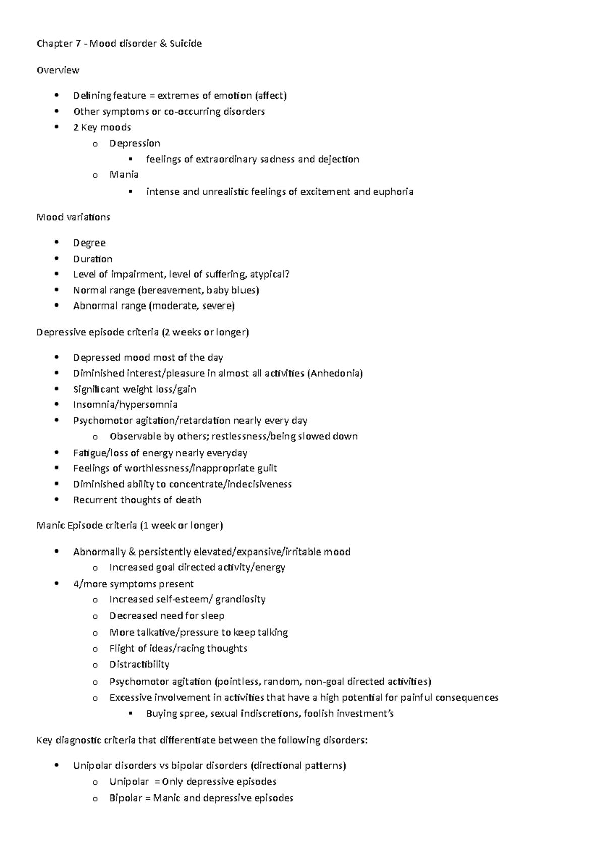 Chapter 7 - Overview of Mood Disorders & Suicide Risks - Studocu