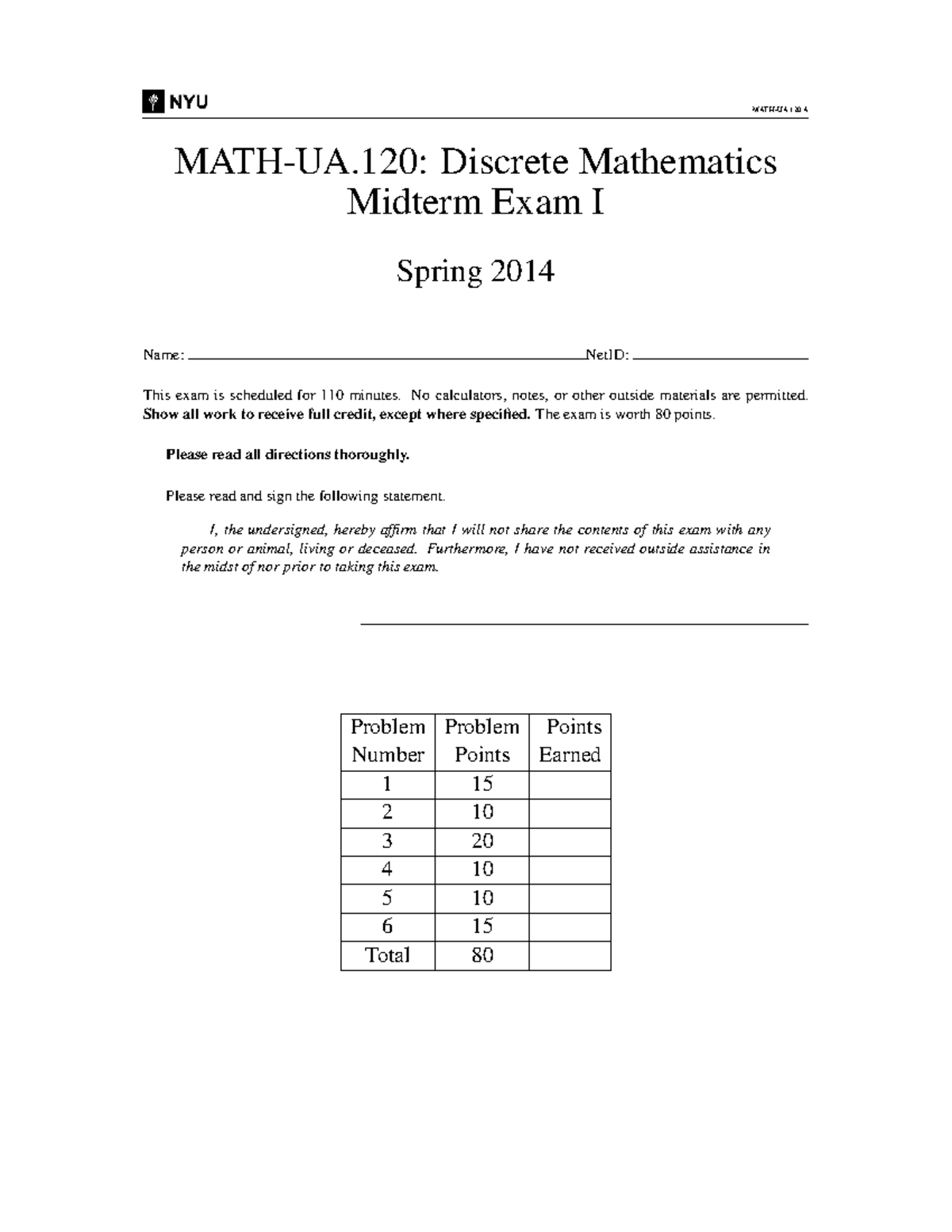 Discrete Mathematics Midterm Exam I (Spring 2014) - Studocu