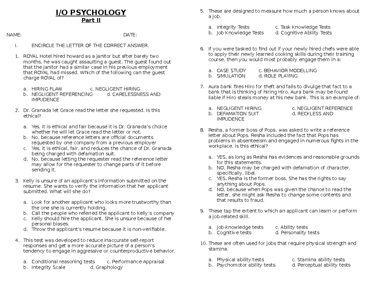 I/O Psychology Industrial Practice Quiz - Studocu