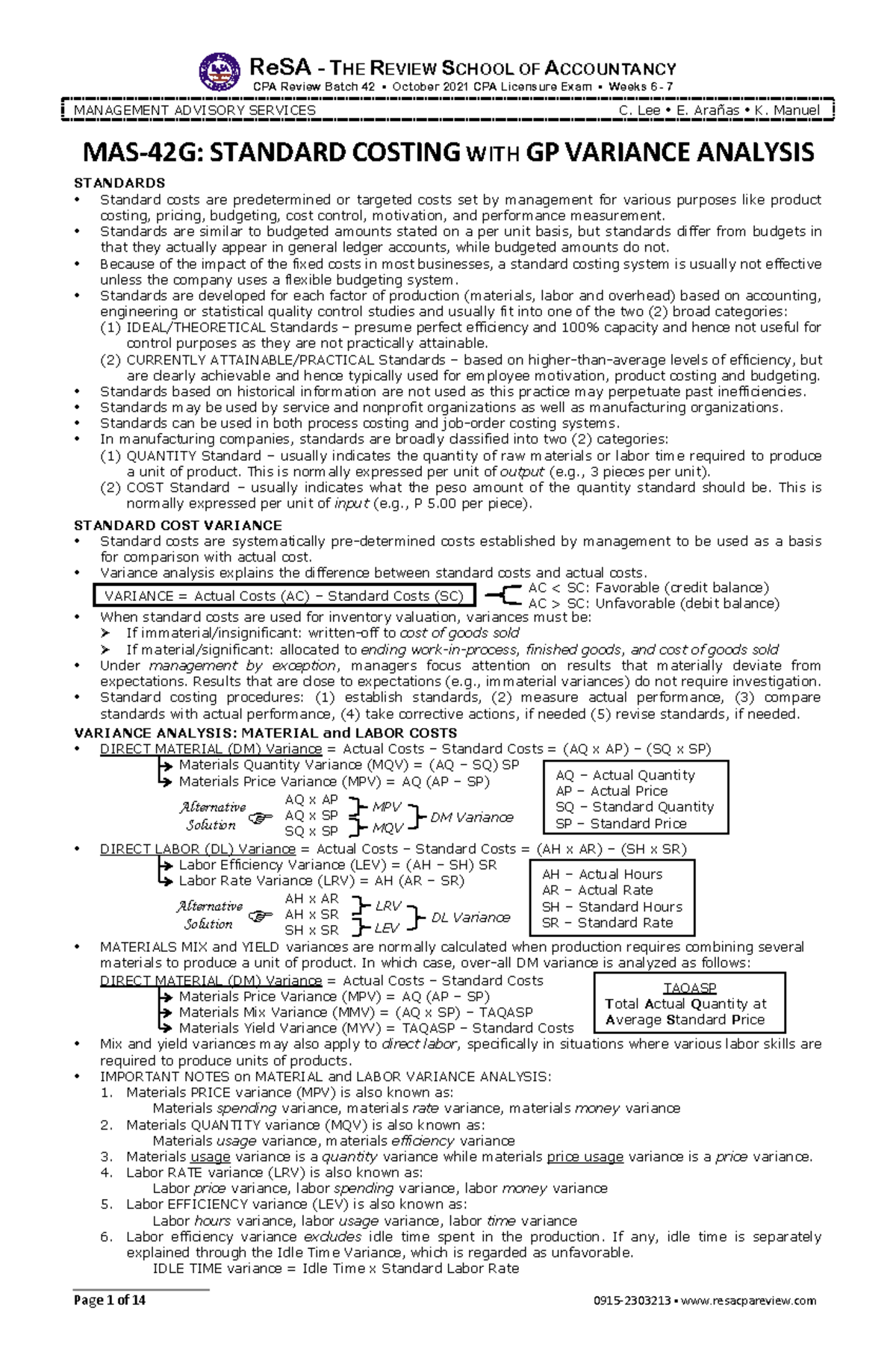 MAS-42G: Standard Costing and Gross Profit Variance Analysis Notes ...