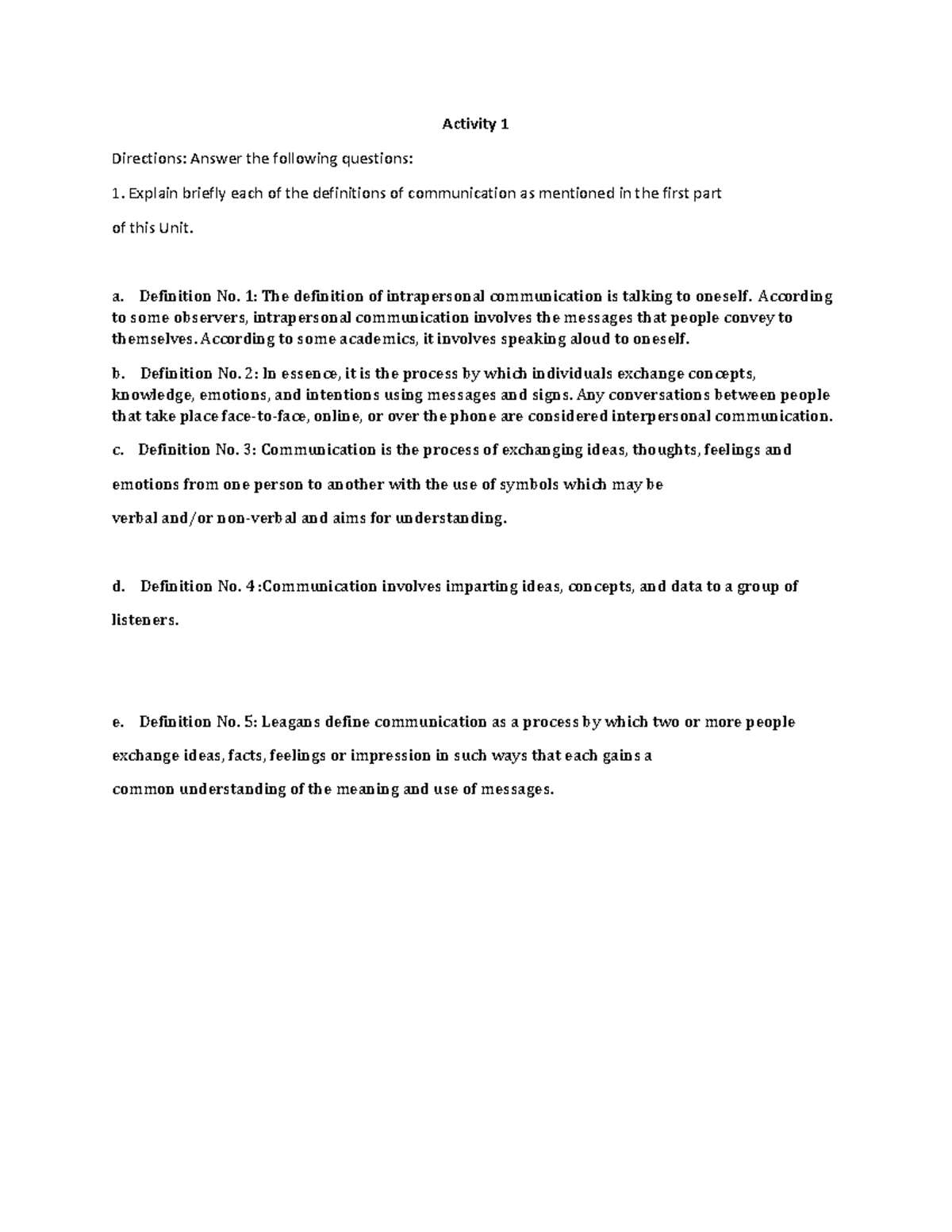 Unit 1 Activity 1: Understanding Definitions of Communication - Studocu