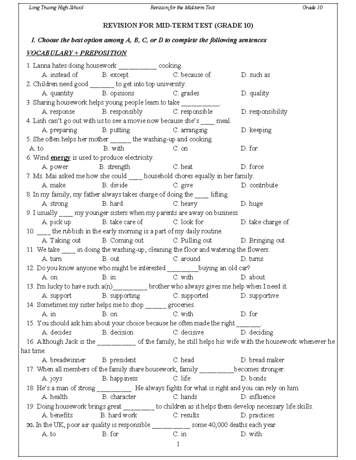Long Truong High School Grade 10 Midterm Test Revision Guide - Studocu
