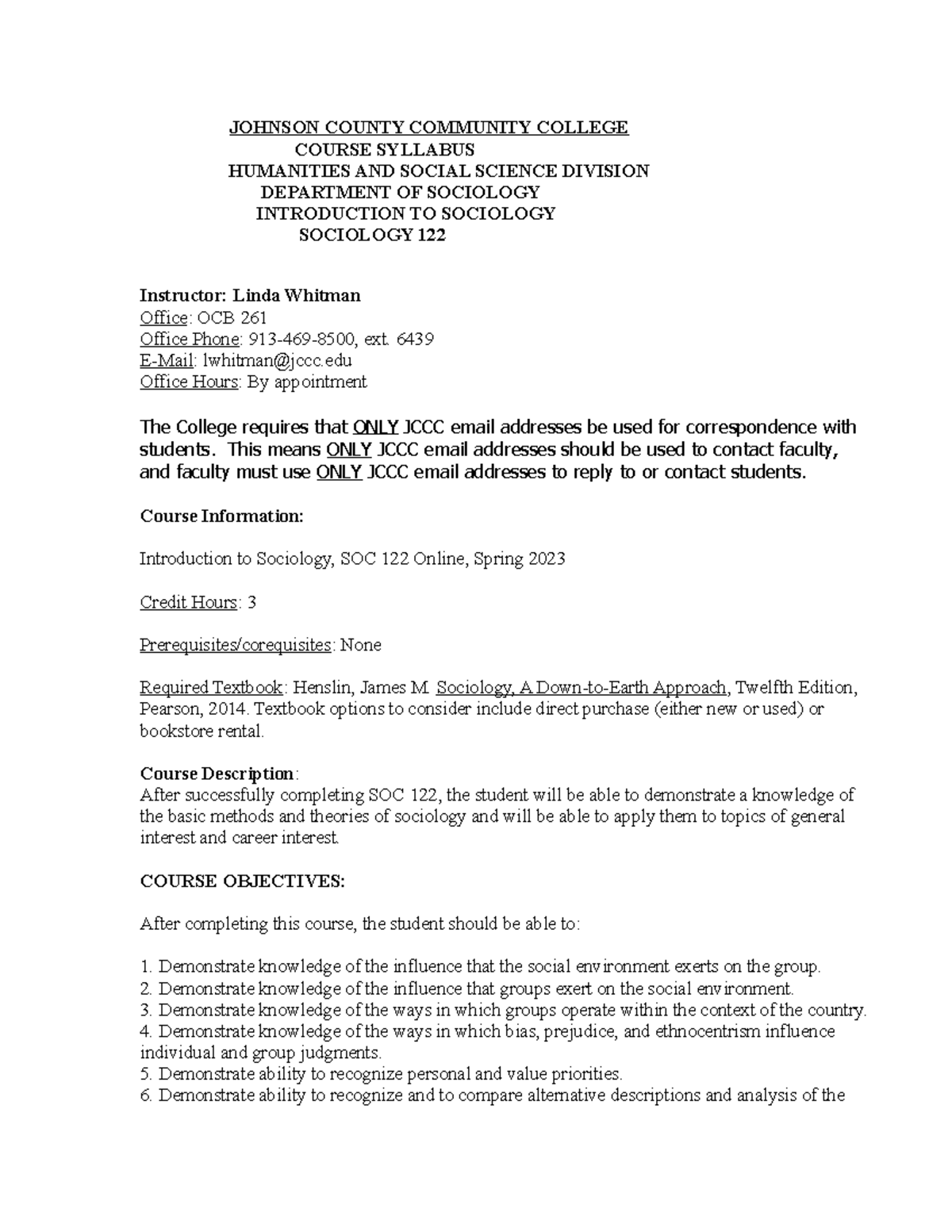 Introduction to Sociology SOC 122 Online Syllabus - Spring 2023 - Studocu