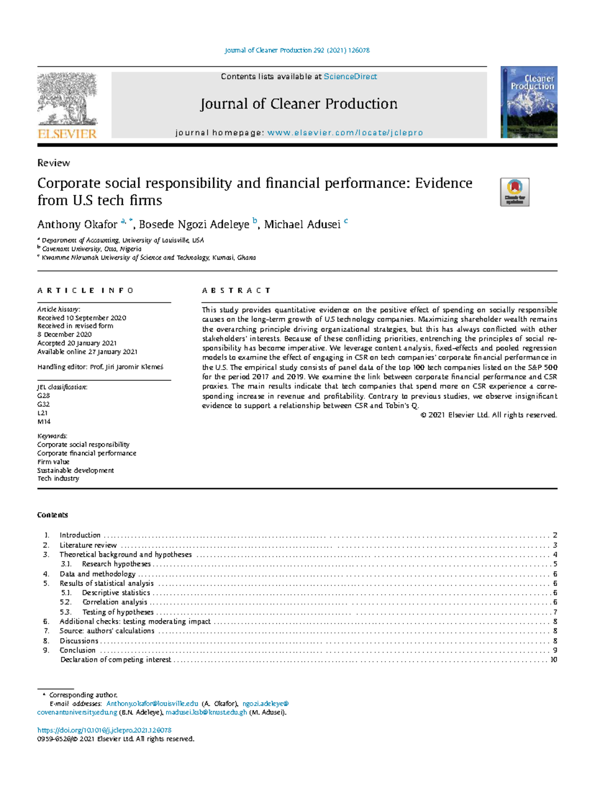 Corporate Social Responsibility & Financial Performance in U.S. Tech ...