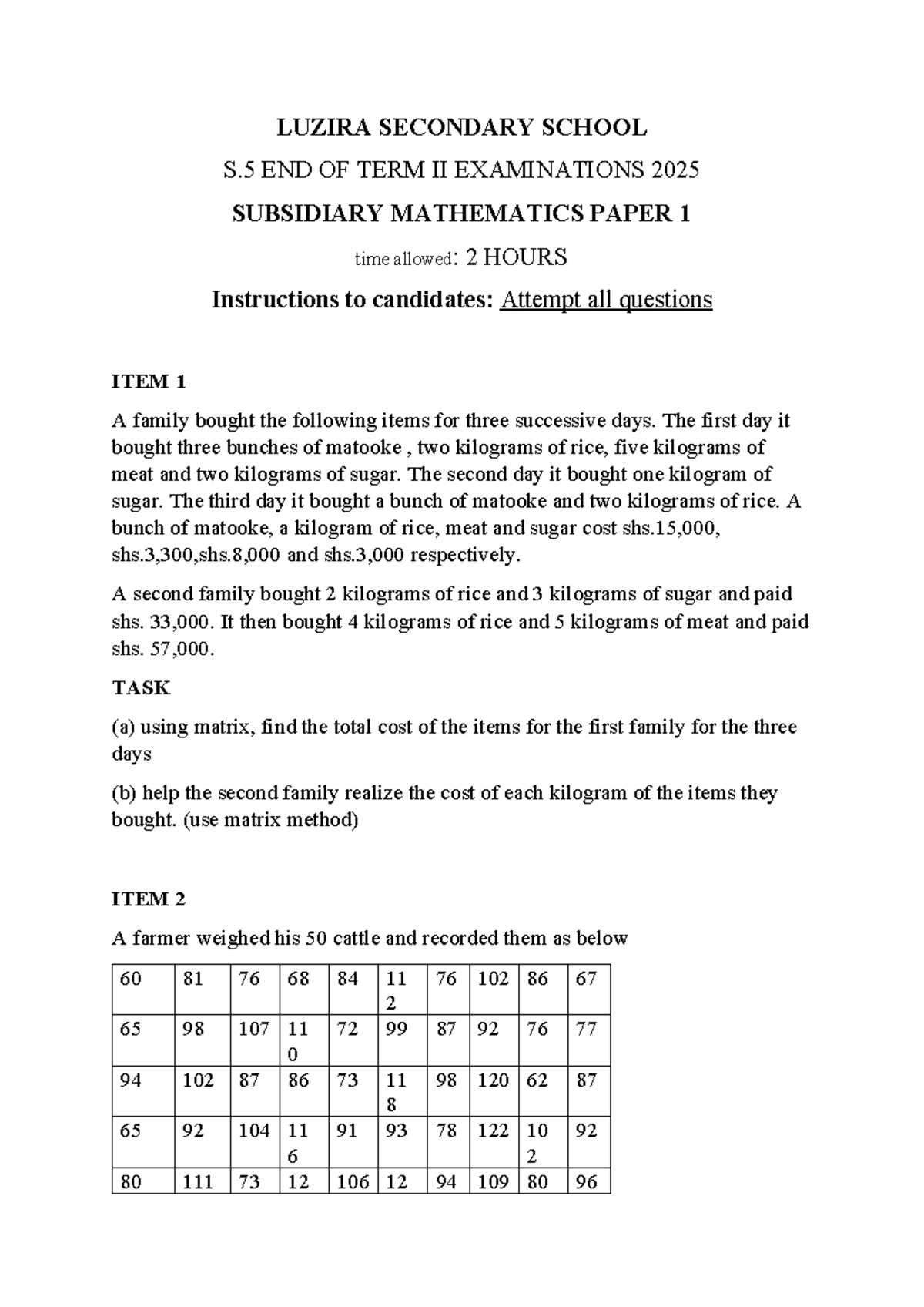 S.5 Subsidiary Mathematics End of Term II Exam 2025 - Studocu