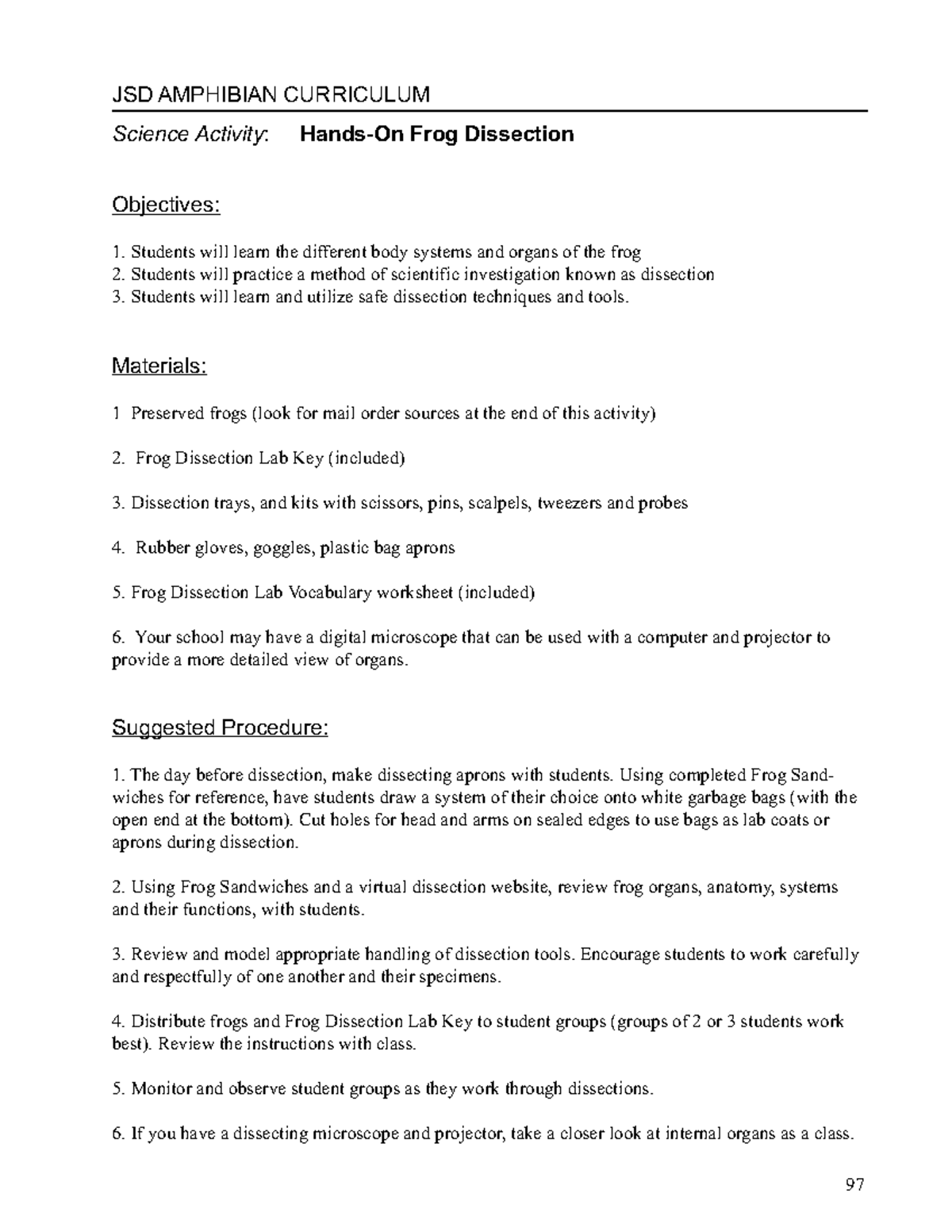 JSD Science Activity: Frog Dissection Lab Guide and Objectives - Studocu