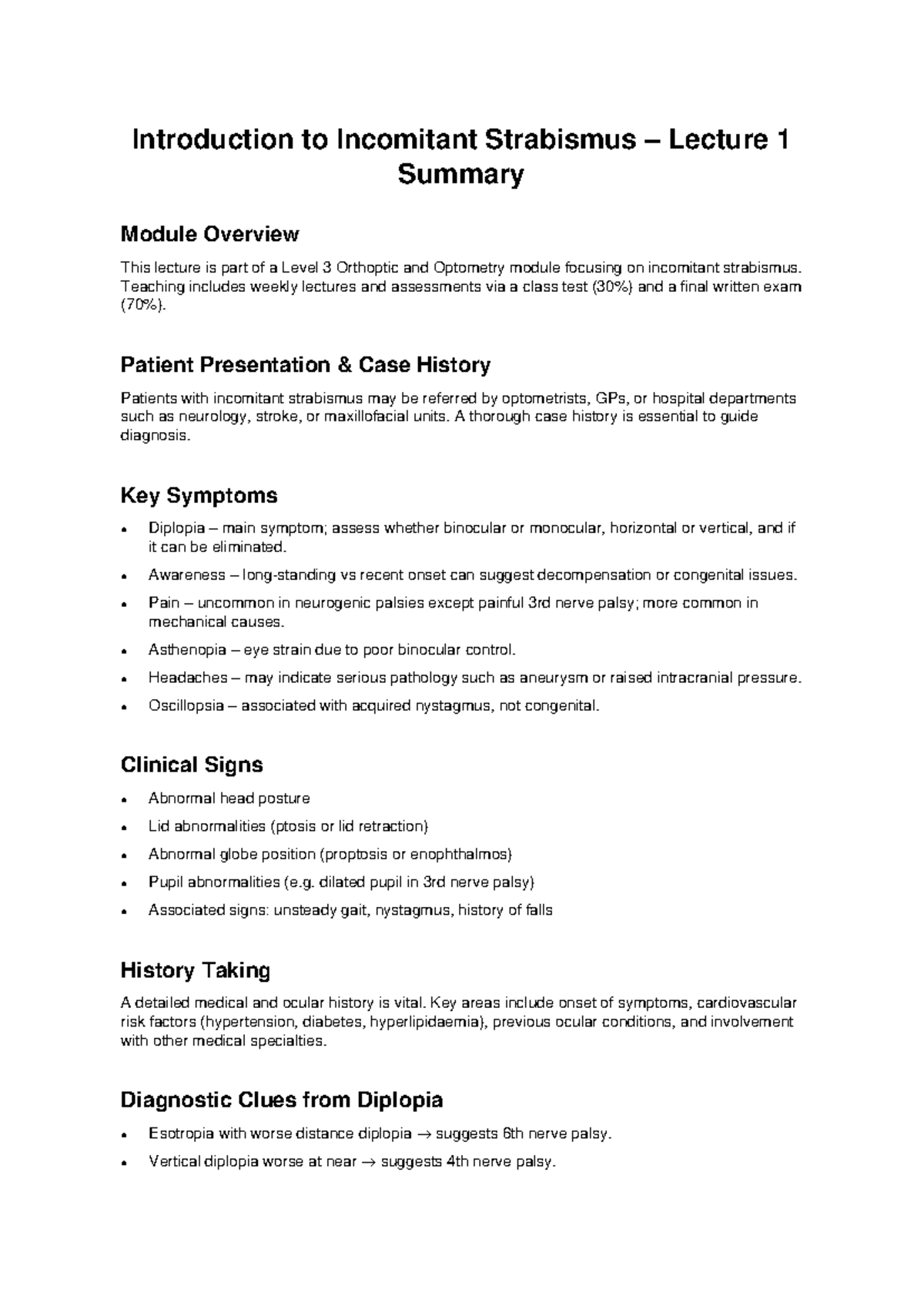 Incomitant Strabismus Lecture 1 Summary - Level 3 Module Overview - Studocu