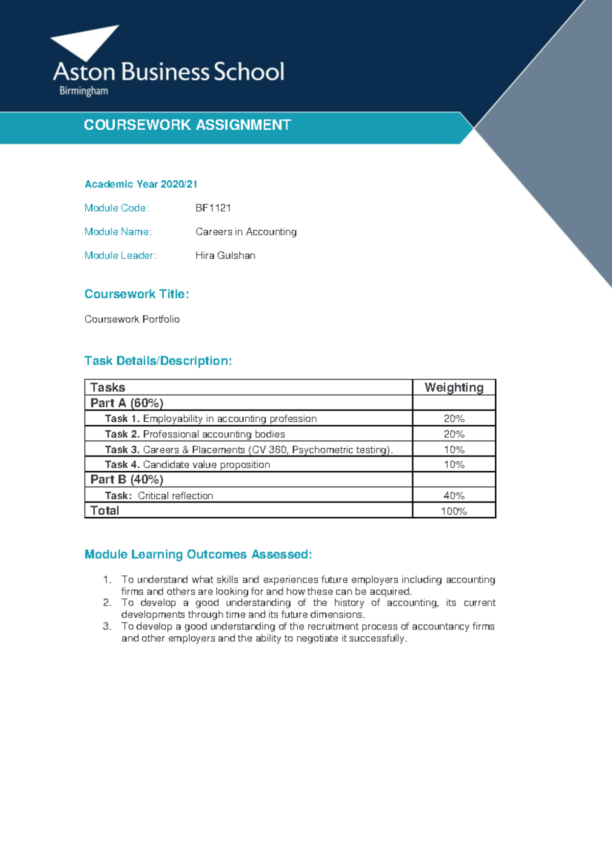 BF1121 Coursework Template 2020-21 - Academic Year 2020/ Module Code ...