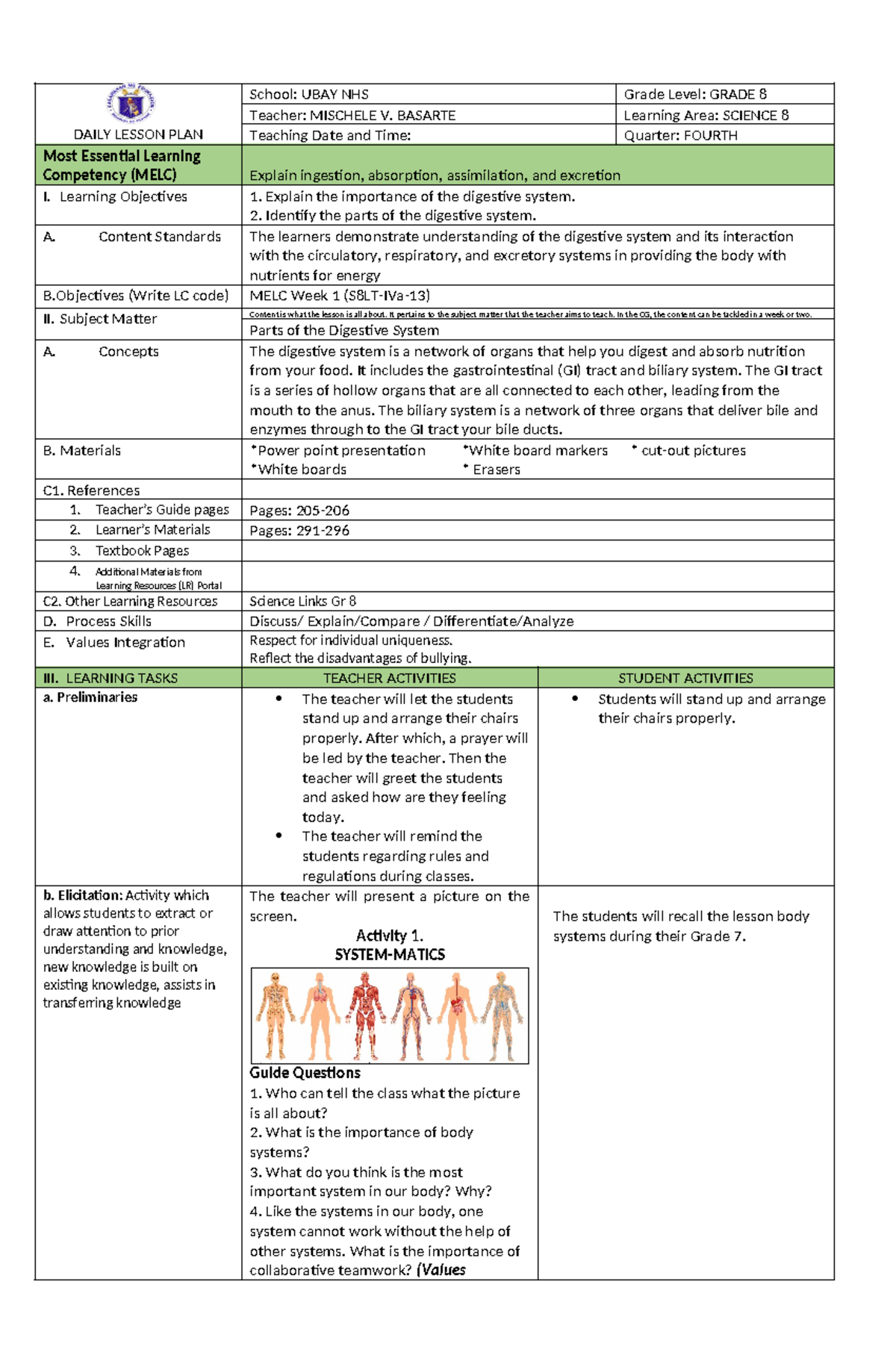 DAILY LESSON PLAN: Parts of the Digestive System for GRADE 8 SCIENCE 8 ...