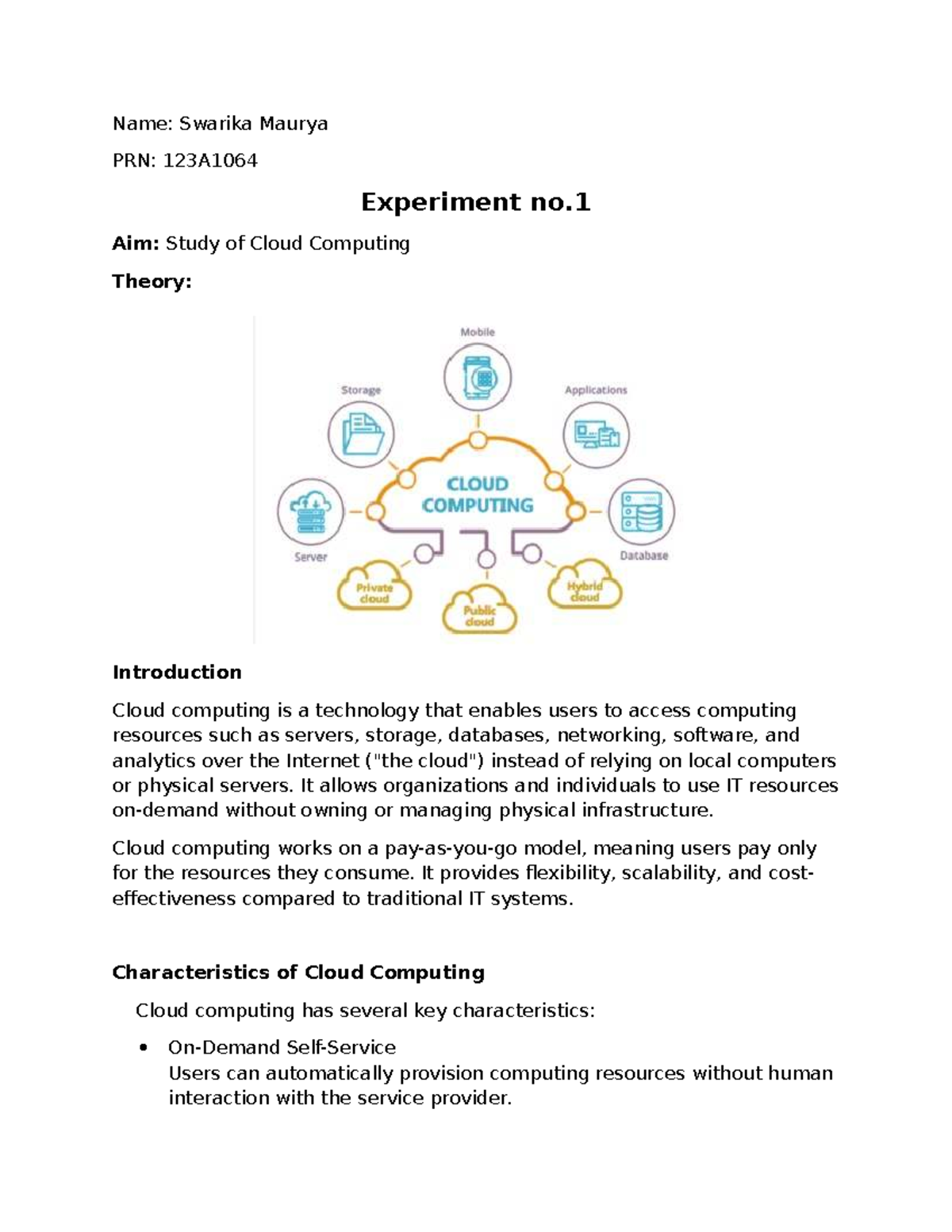123A1064 Experiment 1: Overview of Cloud Computing Concepts - Studocu
