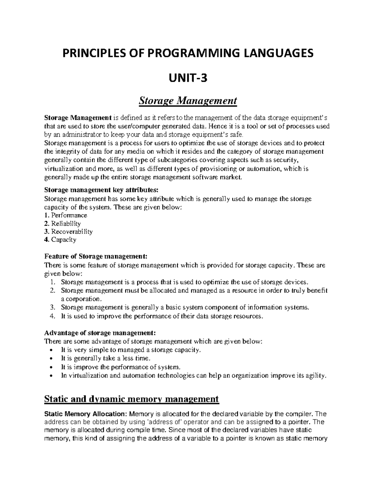 PPL Unit 3: Storage Management and Sequence Control Principles - Studocu