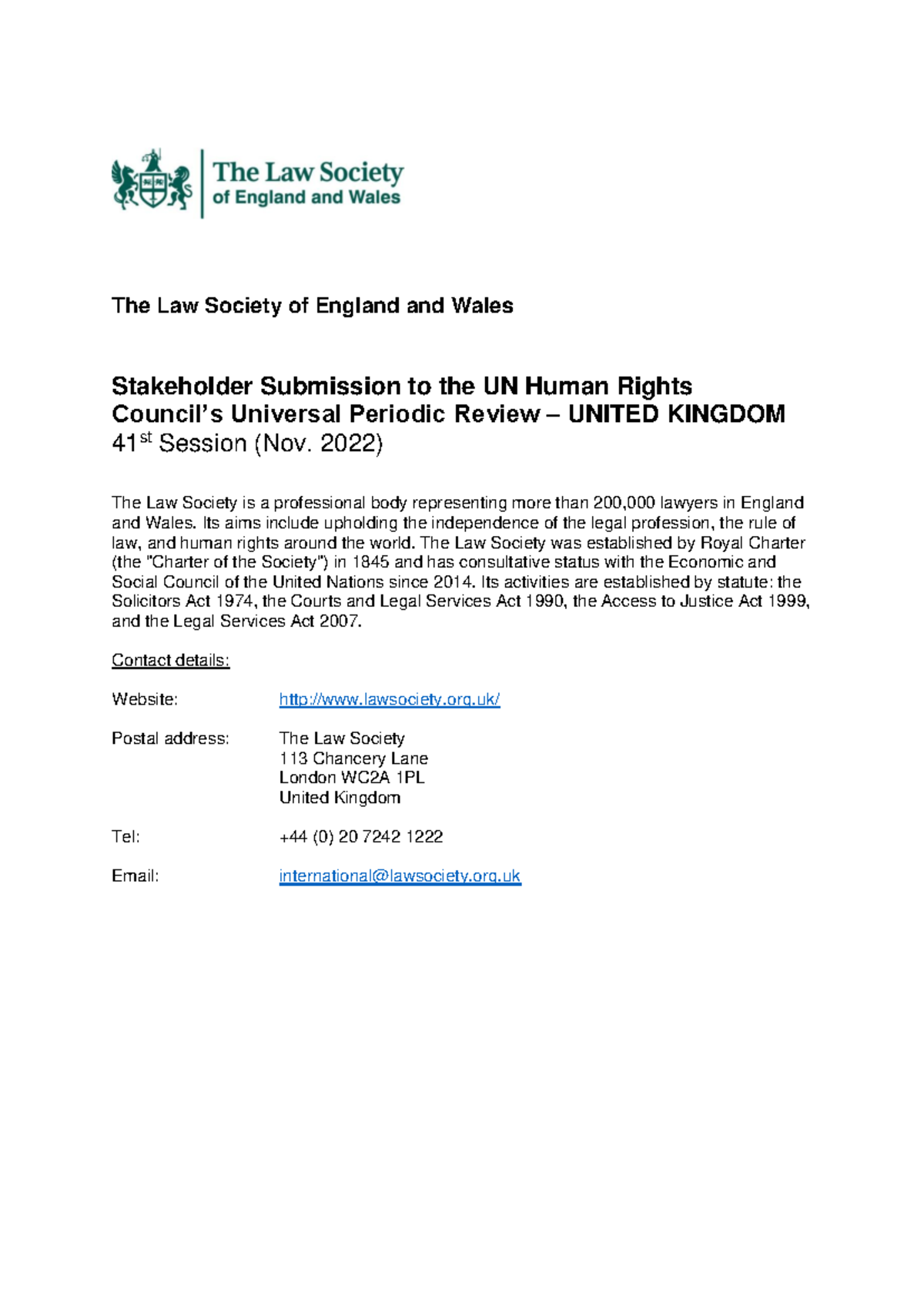 UN Universal Periodic Review of the UK: Law Society Submission (41st ...