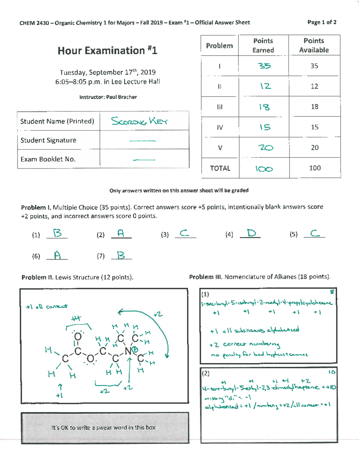 CHEM 2430 Organic Chemistry 1 Fall 2019 Exam Answer Key - Studocu