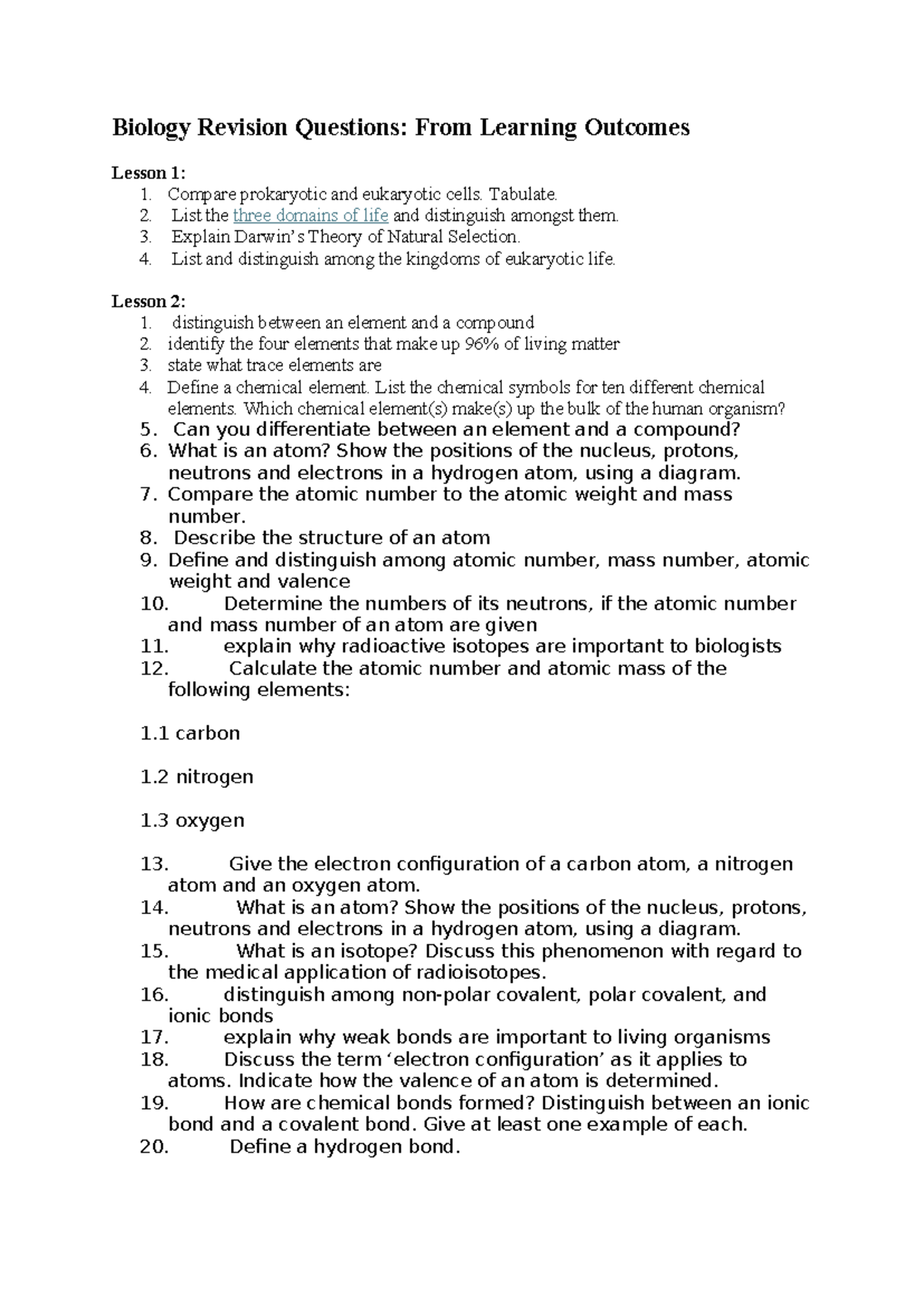 Biology Revision Questions: Key Concepts and Comparisons - Studocu