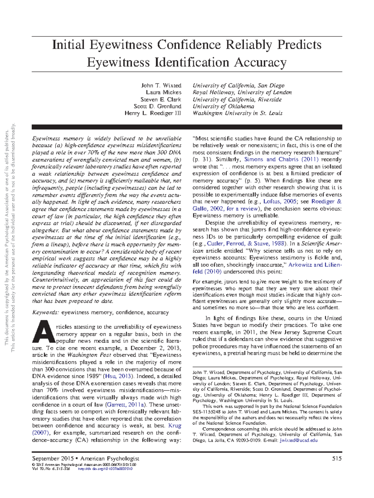 Initial Eyewitness Confidence and Its Effects on Identification ...