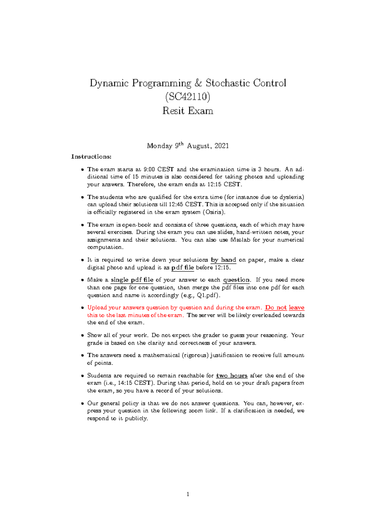 Dynamic Programming & Stochastic Control Resit Exam SC42110 (2021 ...
