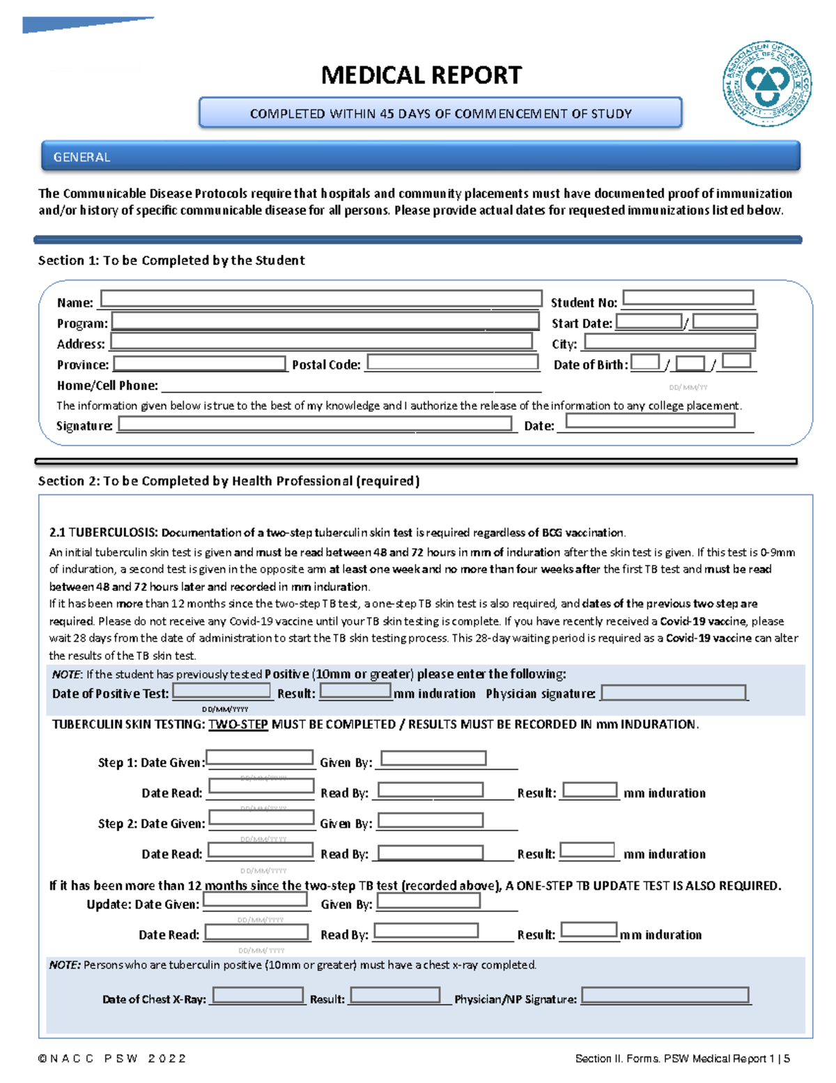 PSW Medical Report Form: Immunization and Health History Submission ...