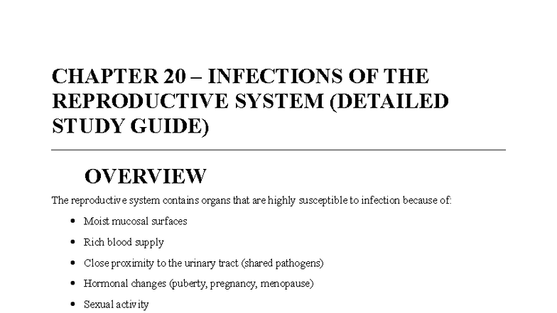 Detailed Study Guide: Infections of the Reproductive System (CH 20 ...