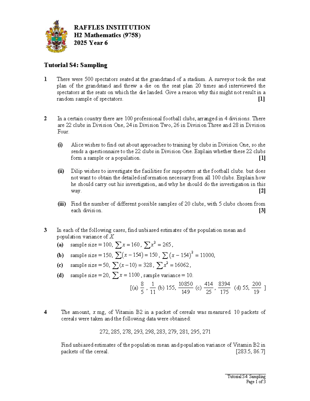 RAFFLES INSTITUTION H2 Mathematics (9758) Year 6 Tutorial S4: Sampling ...