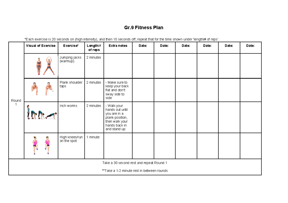 Gr9 Workout Plan - Gr Fitness Plan Each exercise is 20 seconds on (high ...